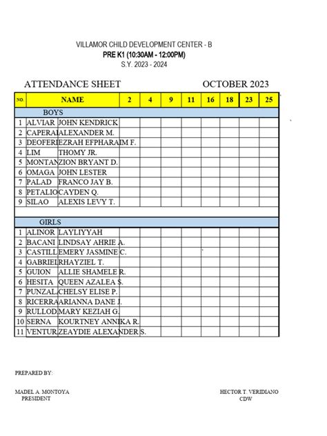 Pre K1 Attendance Sheet | PDF