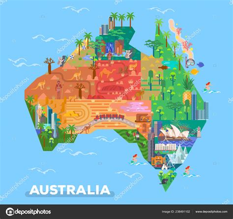 Mapa da Austrália com marcos de arquitetura imagem vetorial de © cookamoto #238491102