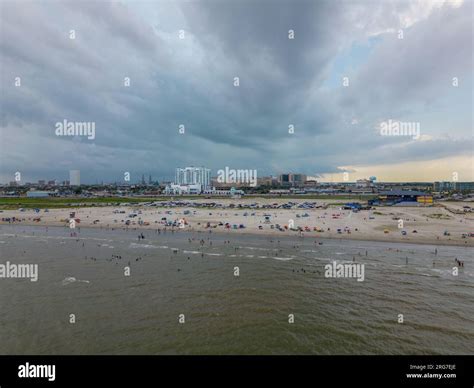 Aerial photo storms moving in over Galveston Beach Texas Stock Photo ...