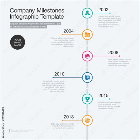 Vector infographic for company milestones timeline template with colorful circles isolated on ...