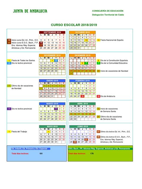 Calendario Escolar Andalucia 201/19 | Escuelas