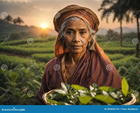 Portrait of an Elderly Woman in a Traditional Sari on a Tea Plantation ...