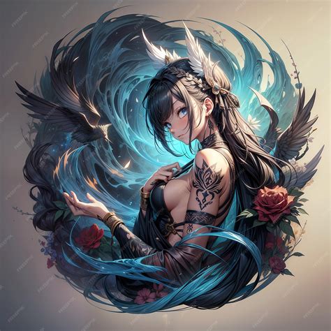 Premium Photo | Tattoo of an anime girl with black hair a pet crow and ...