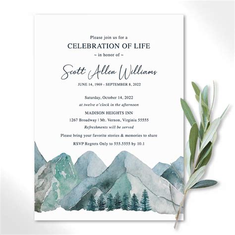 Celebration of Life Invitations Mountain Theme for An Outdoorsman