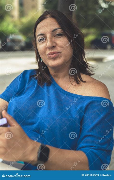 Portrait of a Brunette Woman in an Outdoor Coffee. Relaxed Moment Stock Image - Image of ...