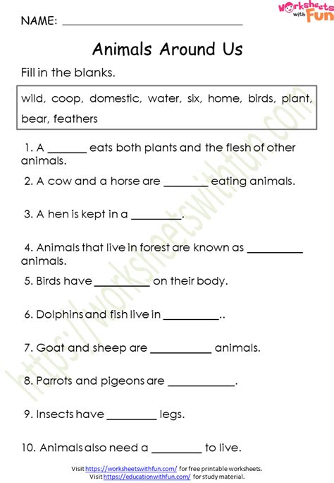 Topic: Animals Around Us Worksheets | Environmental Science - Class 1 | WWF