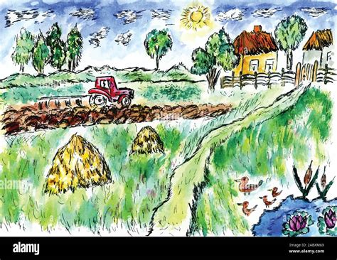 Simple watercolor painted sketch of countryside landscape Stock Vector ...