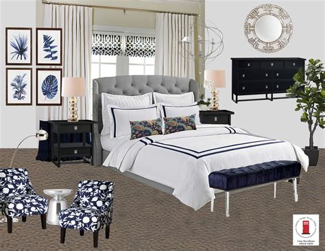 Navy, White and Gray Transitional Master Bedroom Room by Interior Design Service Online ...