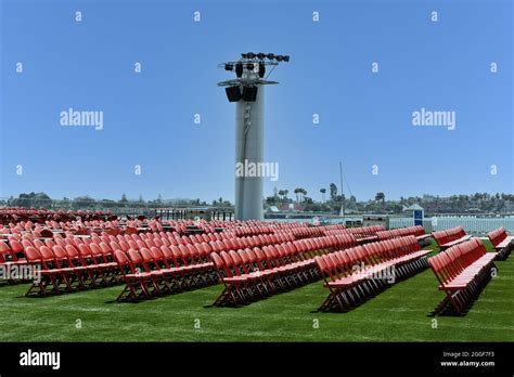 SAN DIEGO, CALIFORNIA - 25 AUG 2021: seating at the Rady Shell concert venue in Jacobs Park ...