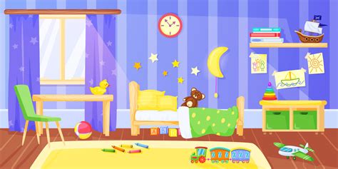 Kids bedroom. Cartoon preschool child bedroom interior with furniture ...