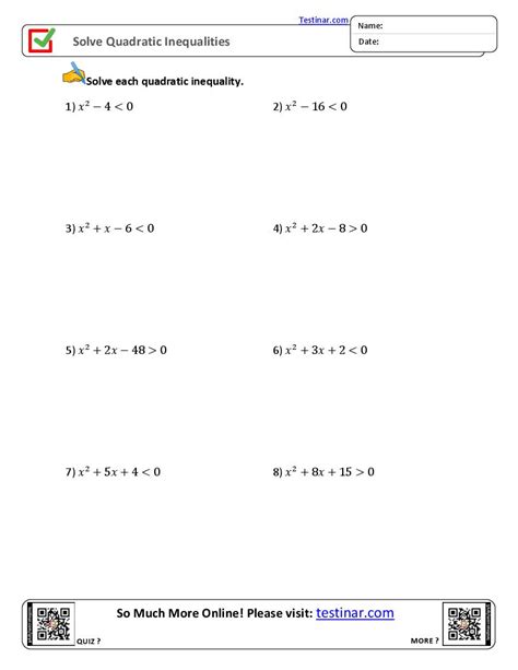 Solve Quadratic Inequalities worksheets