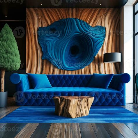 Vivid blue velvet sofa and stump coffee table modern living room with wooden paneling wall decor ...