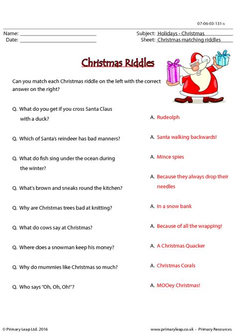 Christmas Riddles - Matching Worksheet