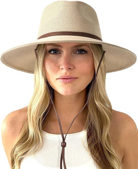 FURTALK Womens Summer Straw Sun Hats Wide Brim Panama Fedora Beach Hat with Wind Lanyard UPF 50 ...