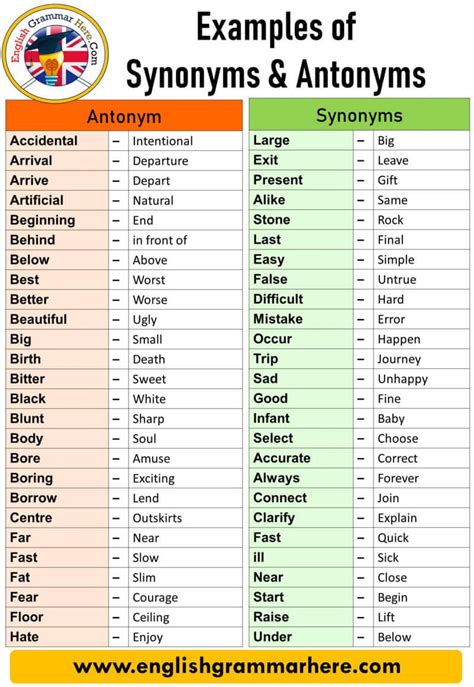 English 100 Examples of Synonyms and Antonyms Vocabulary Antonym ...