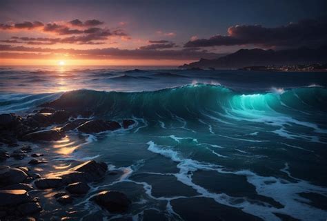 Premium AI Image | Scenic view at ocean sunset with bioluminescent water