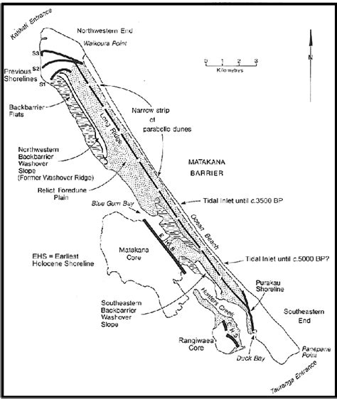 Map of Matakana Island showing the main geomorphic units and former... | Download Scientific Diagram