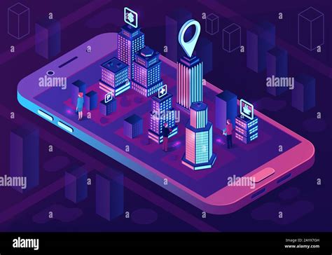 Smart city isometric architecture concept. Web banner with neon buildings. Futuristic 3d city ...