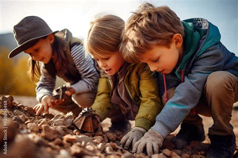 Kids digging for fossils under the guidance of a paleontologist on an educational trip. Stock ...