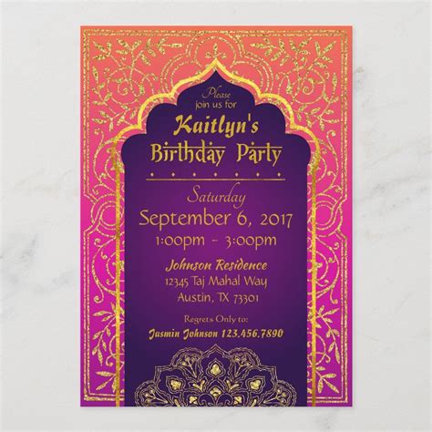 Bollywood Arabian Nights Birthday Invitation Card Size: 5" x 7". Gender: unisex. Age Group ...