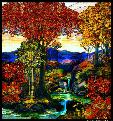 "Tiffany Fall Landscape" Stained Glass Window