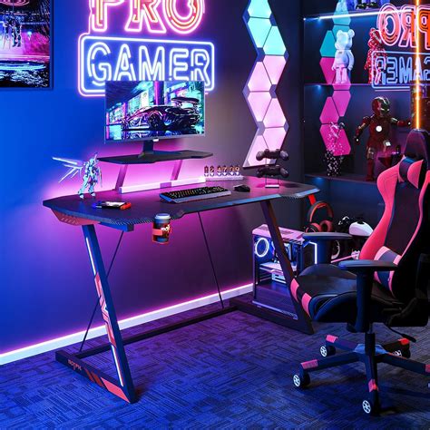 MOTPK Gaming Desk with LED Lights, Small Gaming Table Desk 39 inch Z Shaped, Gamer Desk ...