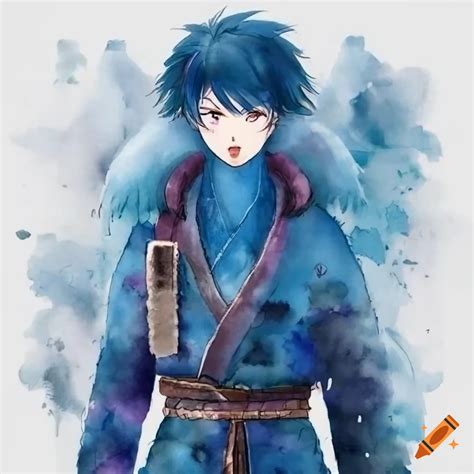 Blue samurai anime fur character with winter attire and fur lining character design sheet