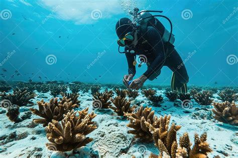 Reef Restoration, Diver Plants Small Corals on Ocean Floor, Restoration ...