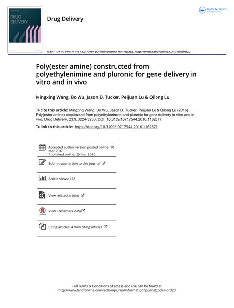 (PDF) Poly(ester amine) Constructed from Polyethylenimine and Pluronic for Gene Delivery in ...