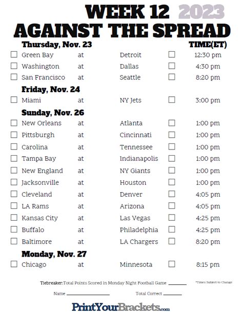 Nfl Schedule Week 12 Printable There Are No Byes During Week 8 Or 12.