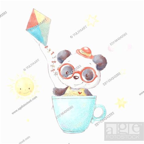 Set of cute cartoon panda. Watercolor illustration, Stock Photo ...