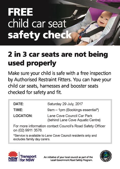 Child car seat safety check Saturday 29 July 2017 A4 poster - In the Cove