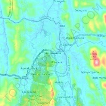 Avissawella topographic map, elevation, relief