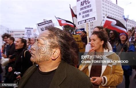 Maori activist Tame Iti leads an anti-APEC rally through the streets... News Photo - Getty Images