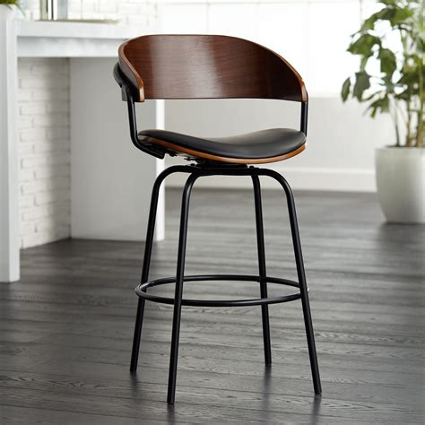 Elm Lane Walnut Metal Swivel Bar Stool Black 26" High Mid Century Modern with Backrest Footrest ...