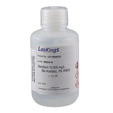 Beryllium 10,000 mg/L (Be Acetate), 5% HNO3 +1%HF, 100ml - LK1-00040101