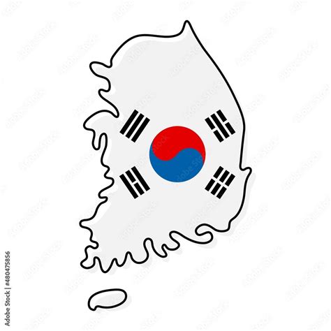 Stylized outline map of South Korea with national flag icon. Flag color ...