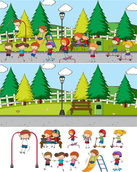 Park scene set with many kids cartoon character isolated 2594035 Vector ...