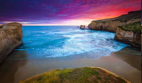 sunset, Cliff, Beach, Sea, Grass, Clouds, Coast, Water, Blue, Red ...