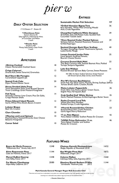 Pier W menu in Lakewood, Ohio, USA