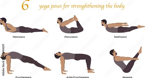 Man Doing Yoga workout. Asanas set of 6 postures. Flat design for infographics. Makarasana ...