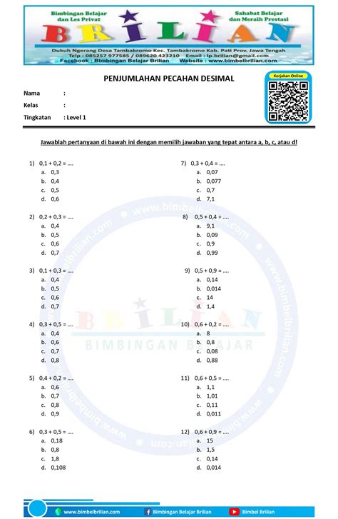 Kumpulan Soal Penjumlahan Pecahan Desimal – Bimbel Brilian