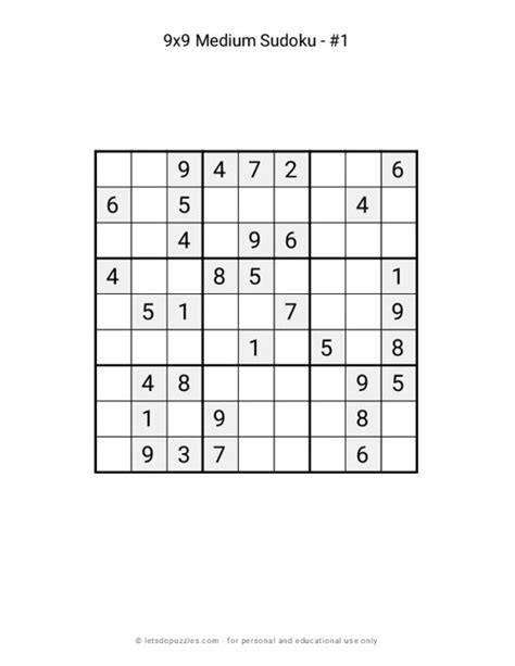 Free Printable 9x9 Medium Sudoku