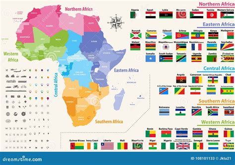 Vector Map of Africa Continent Colored by Regions. All Flags of African Countries Arranged in ...