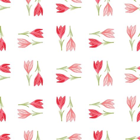 Isolated pink flowers crocus ornament seamless pattern in hand drawn ...