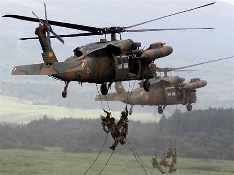 Japanese soldiers rappel from UH-60 Black Hawk helicopters during an annual training session ...