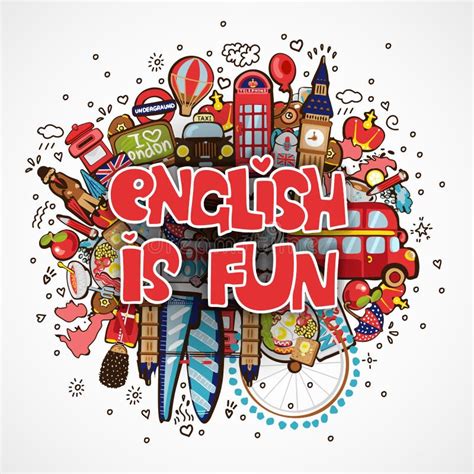 Word ENGLISH on White Background with England Elements and Objects - Educational and Travelling ...