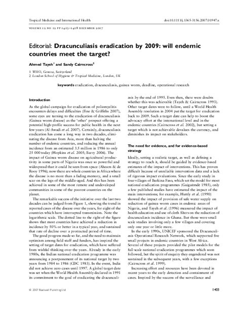 (PDF) Editorial: Dracunculiasis eradication by 2009: will endemic countries meet the target ...