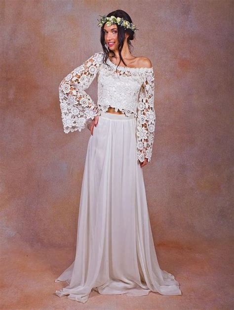 Alana 2-Piece Lace Silk Chiffon Bohemian Wedding Dress. BELL SLEEVE Hippie Boho Style Wedding ...