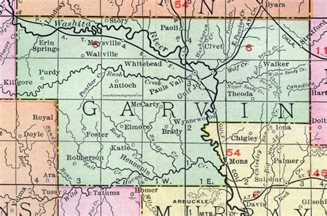 Garvin County, Oklahoma 1911 Map, Rand McNally, Pauls Valley, Wynnewood, Lindsay